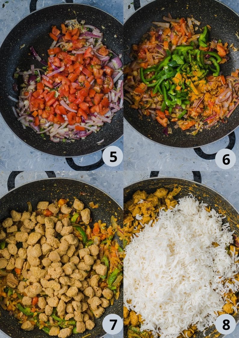 4 image collage showing how to make Soya Chunks Pulao