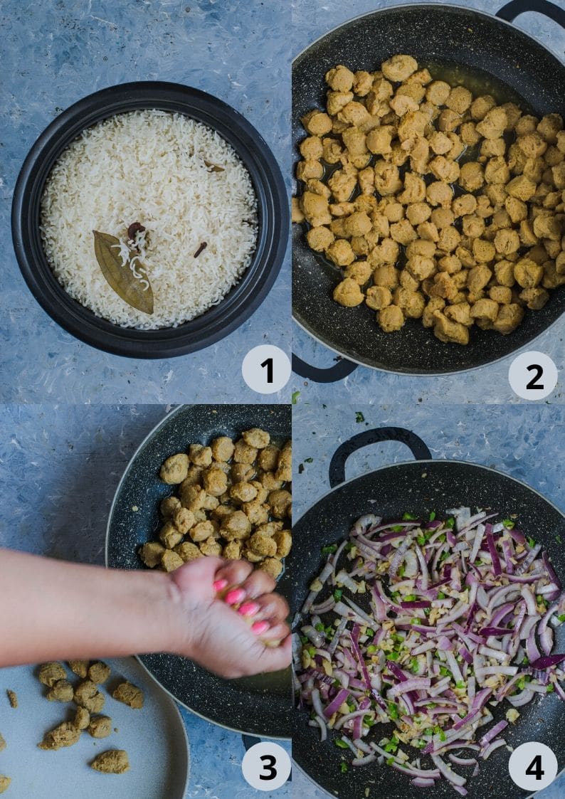 4 image collage showing the steps to make Soya Chunks Pulao