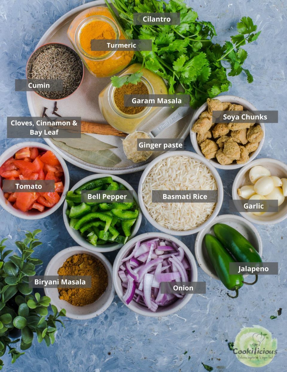all the ingredients needed to make Soya Chunks Pulao arranged in a tray with labels on them
