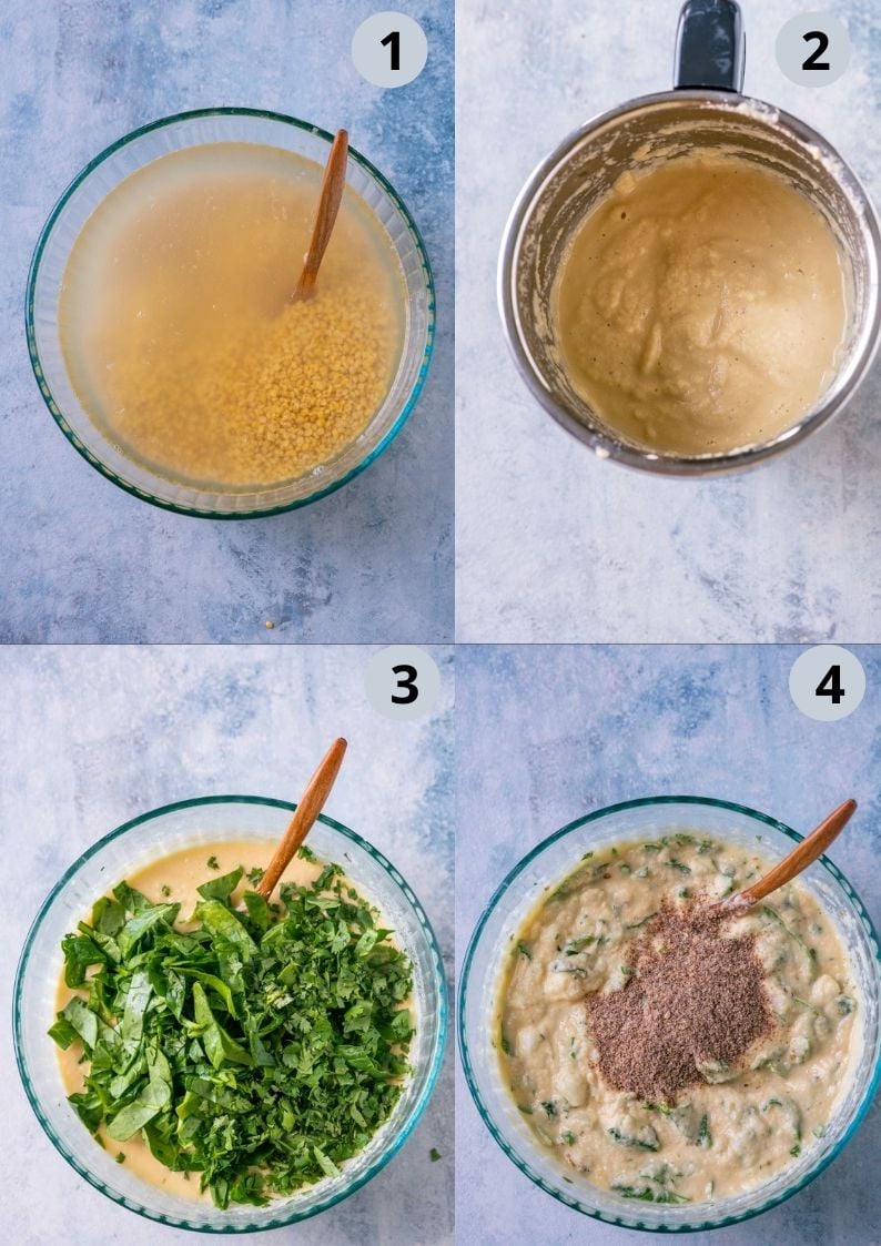 4 image collage showing the steps to make Moong Dal Chilla batter.