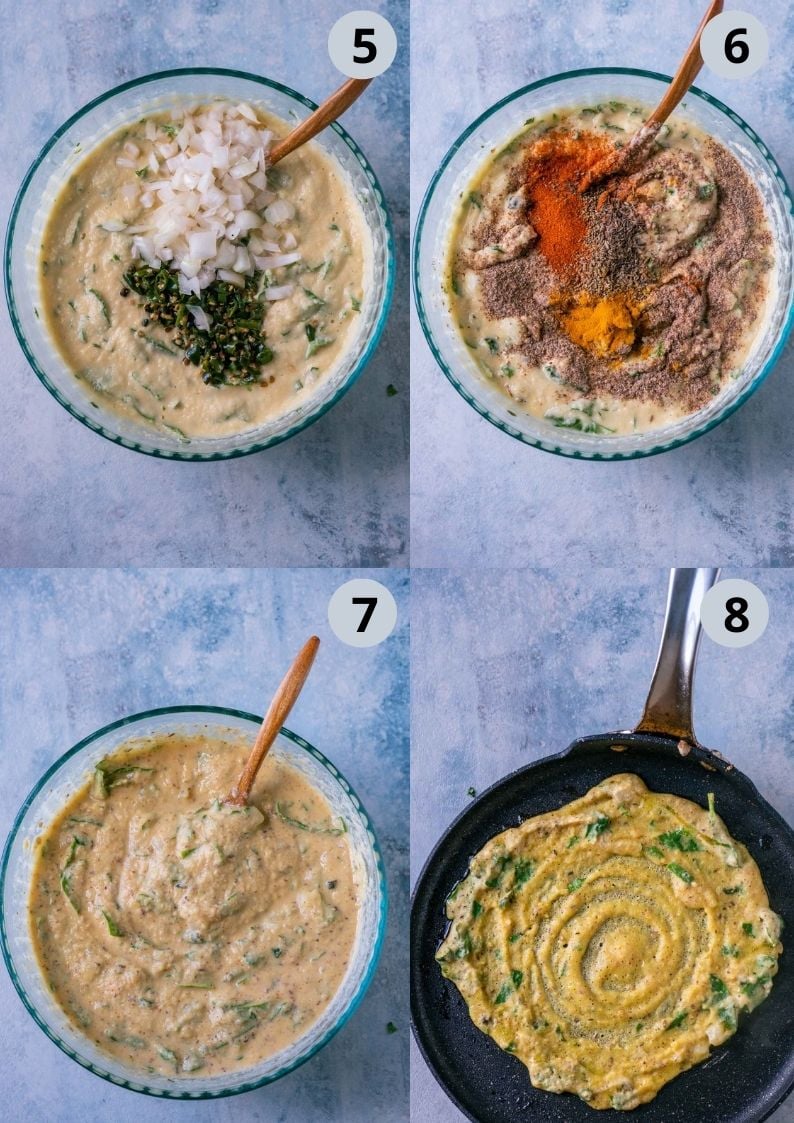 4 image collage showing how to make Moong Dal Chilla.