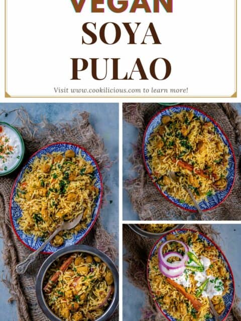 3 image collage of Soya Chunks Pulao with text at the top