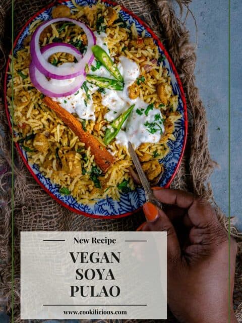 a hand digging into a plate of Soya Chunks Pulao holding a spoon and text at the bottom left