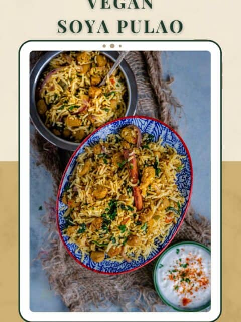 an oval platter filled with Soya Chunks Pulao with text at the top and bottom