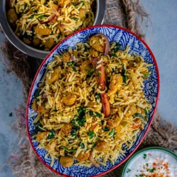 an oval platter filled with Soya Chunks Pulao