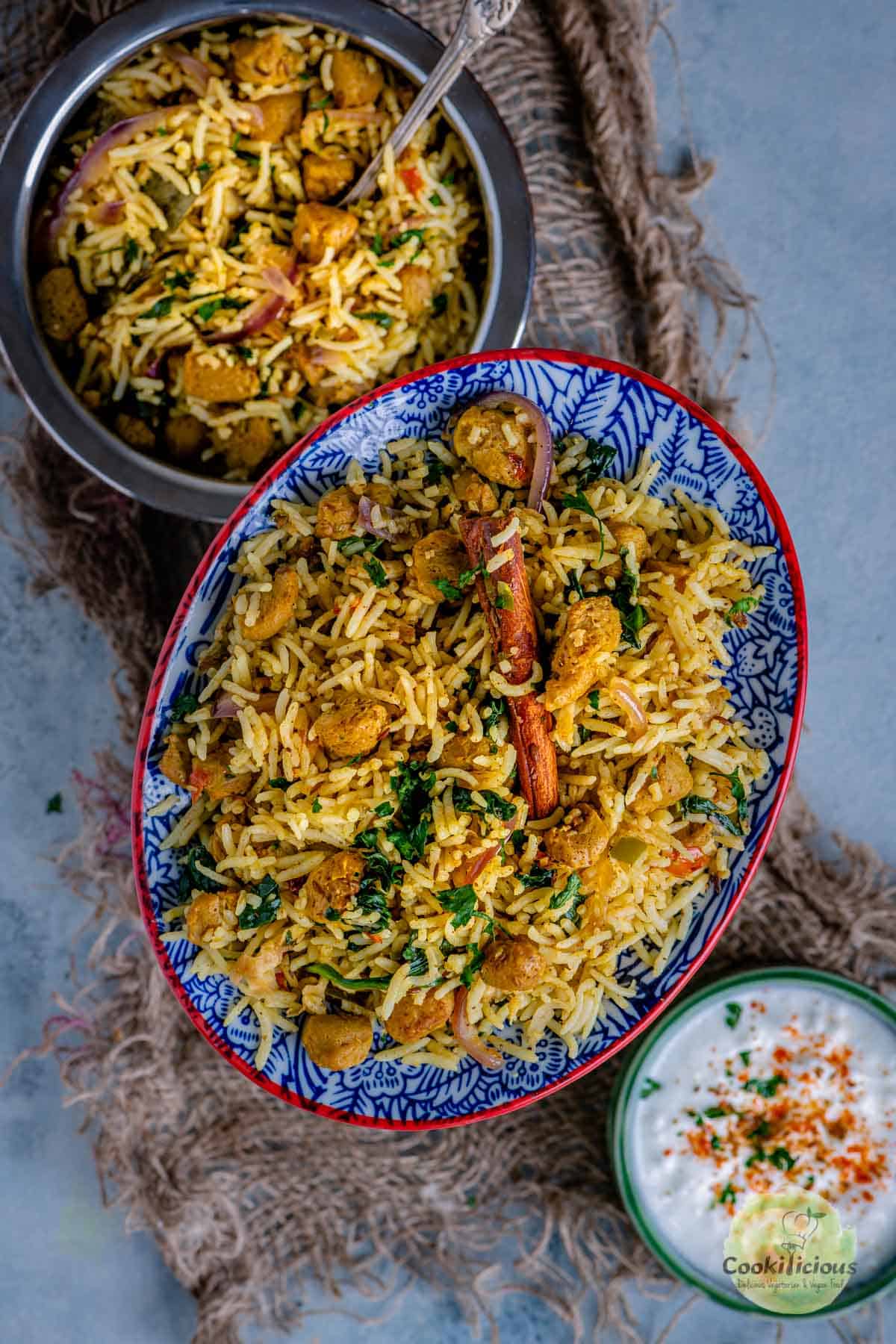 an oval platter filled with Soya Chunks Pulao